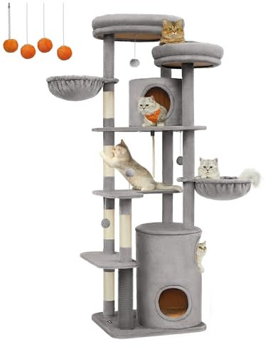 Feandrea XXL Cat Tree, 196 cm Tall Cat Tower, Multi-Level Plush Cat Condo with 2 Perches, 3 Caves, 2 Baskets, 5 Scratching Posts, 4 Pompoms, Self-Groomers, for Indoor Cats, Light Grey PCT153W01