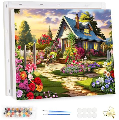 MEIYUDA Pintar por Numeros Adultos con Marco Colorida casa de las flores, DIY Painting by Numbers Cuadros por Numeros, Pintura de Bricolaje Sobre Lienzo con Pinceles Decoración para el Hogar 40x30cm