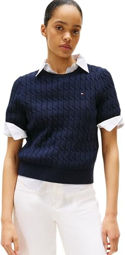 Tommy Hilfiger Donna Pullover Cable Maniche Corte, Blu (Dark Night Navy), L