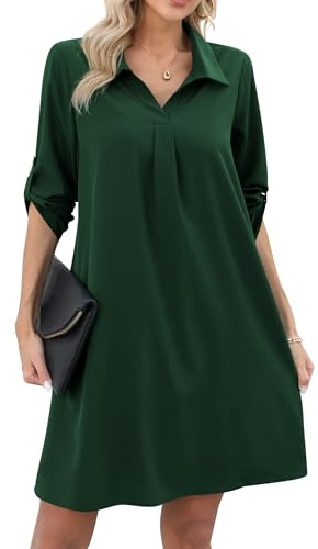 Missufe Abito da donna per il tempo libero, a tunica, maniche a 3/4, abito corto, verde scuro, M