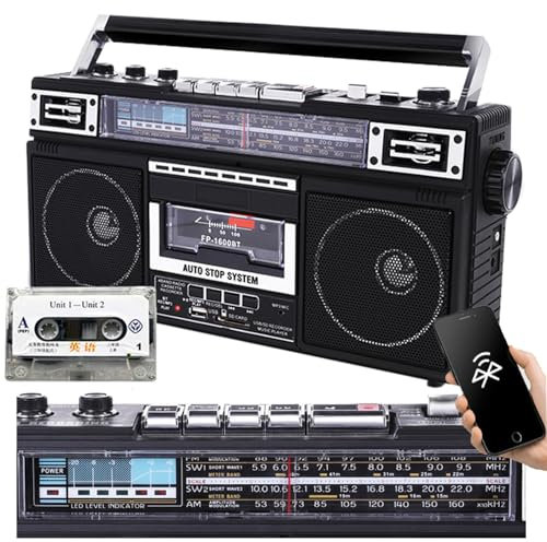 Lettore di cassette retrò stile anni '80, registratore e lettore di cassette radio portatile con AM/FM/SW1-2, supporta la riproduzione di schede TF/USB e Bluetooth, registrazione/trascrizione