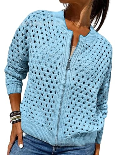 Whimsyard Veste tricotée pour femme avec fermeture éclair et découpes, cardigan en crochet à fermeture éclair pour femme, haut en tricot ajouré, vêtements d'extérieur tricotés
