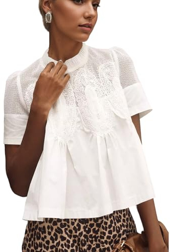 calbatic Women Lace Trim Blouse Mesh See Through Puff Short Sleeve Ruffle Pleated Shirts Mock Neck Summer Babydoll Tops White