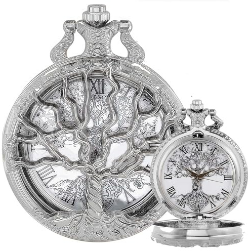 DerMacht Pocket Watch Hollow Tree Design Roman Numerals Quartz Analog Antique Fob Watches Silver