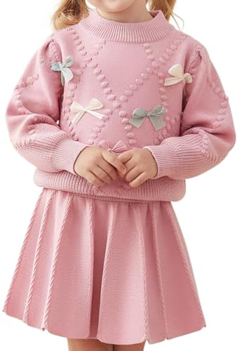 JiAmy Vêtements pour bébé fille Tout-petit Haut pull tricoté à manches longues avec nœud Jupe plissée Ensemble tenue Automne Hiver Robe décontractée pour filles 2-6 ans, rose, 6 ans