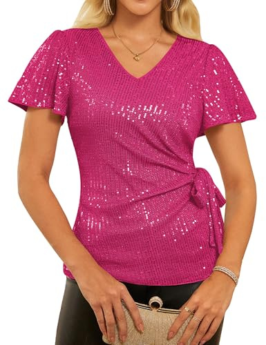 GRACE KARIN Femme Haut Chic À Sequins Blouse Soirée Élégante À Paillettes Top De Fête Col en V Manches À Volants Courtes Rose Rouge XXL