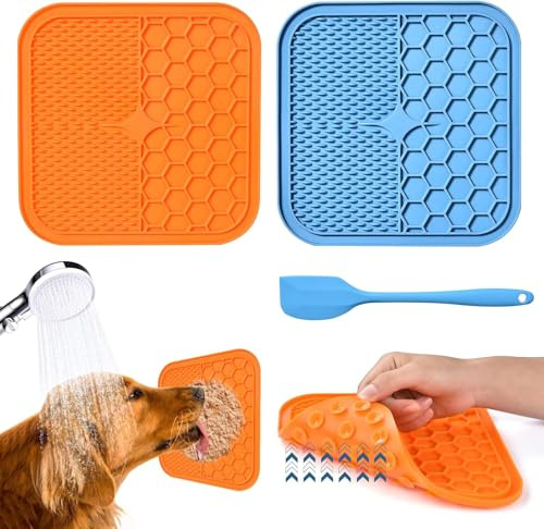 AiQInu Alfombrilla para Lamer Perros con Ventosa,2 Piezas Lick Mat para Perros y Gatos sin BPA con 1 Espátula de Silicona,Super Ventosas para Bañarse,Arreglarse,Entrenar y Cuidado de Las Garras