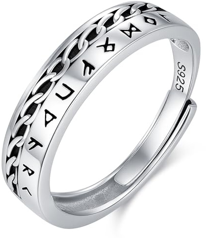 Odinstone Anillo Hombre Anillo Vikingo Plata de Ley 925 Runas Ajustable Anillos Joyería Gótica Regalo