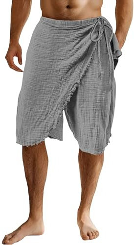 Falda de pareo envolvente de mezcla de lino para hombre, longitud 3/4, ajuste relajado, cintura elástica con cordón, pantalones cortos harén de playa, pantalones casuales de descanso, disfraz de