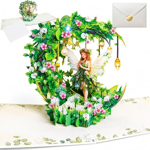 HEEFEN Carte Anniversaire Femme et Fille - Carte Pop Up 3D Fée Magique avec 25 Diamants - Carte d'Anniversaire Originale, Design Floral, Maman, Amie - Enveloppe Incluse