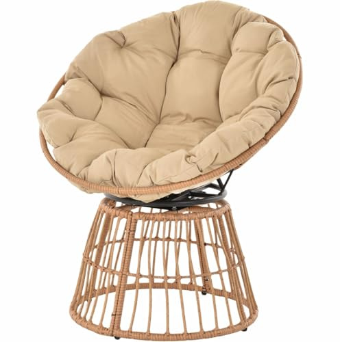 Krines Home Fauteuil de jardin pivotant Papasan résistant aux intempéries, avec rembourrage, siège en rotin (sable, papasan rotatif)