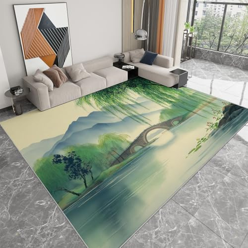 Tappeto Salotto 180 x 240 cm Stile Cinese Lago Architettura Salici Piangenti Tappeto Lavabile in Lavatrice Antiscivolo, Carpet Cameretta Scendiletto Camera da Letto Ufficio Pelo Corto, Blu E Bianco