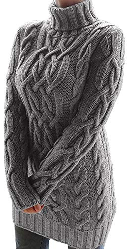 Robe-Pull Col Roulé Femme Grosse Maille Jacquard Long Oversize Tricot Pullover Chandail Sweater Pull Over Grande Taille Epais Gris XL