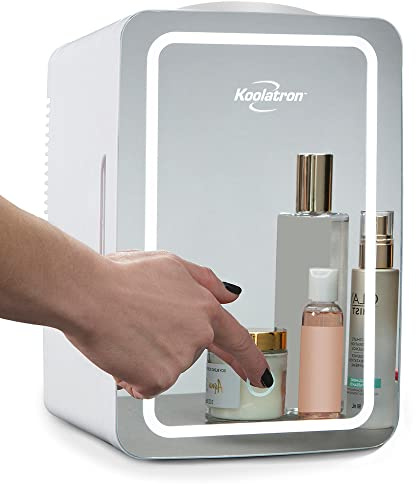 Koolatron 6L Cosmetic Mini Fridge for Bedrooms Compact Small Vanity Car Refrigertor 12V Portable Skincare Beauty Makeup Fridges with Dimmable LED Light Mirror Ideal for Girls Kids Desk Home White