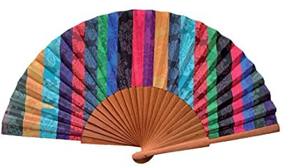 Spanischer Handfächer Bambalinas – Holz und Baumwolle – 23 cm – Etui und Hülle aus Jute – Modeaccessoire – Handgefertigt in Spanien – Events und Geschenke – Patchwork-Kollektion – Tusitala Barcelona