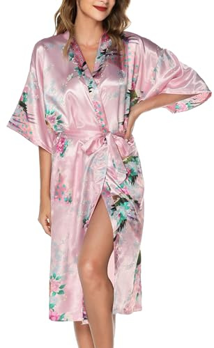Lovasy Kimono Dressing Gowns Satin Kimono Robe Peacock And Blossoms Silk Dressing Gown for Women UK Long Silk Bride and Bridesmaid Robes