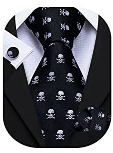 Barry.Wang Herren Krawatte Solid Silk Tie Pocket Square Cufflinks Set Hochzeit einfarbig Krawatte Business Formell, Schwarzer Totenkopf, One size