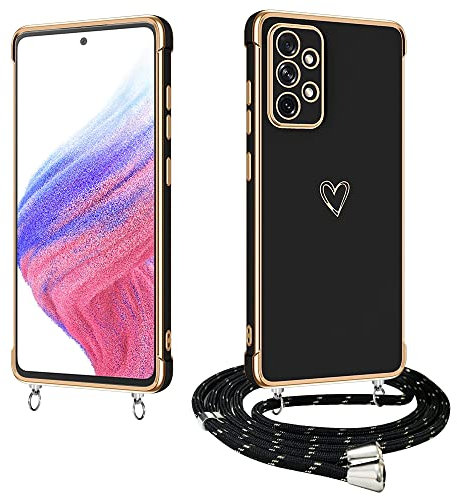 E-Lush Handyhülle für Samsung Galaxy A53 5G Hülle mit Band, Herz Love Muster Galvanik Silikon Handy Hülle für Samsung A53 5G Schutzhülle mit Kordel zum Umhängen Kameraschutz Stoßfeste Case, Schwarz