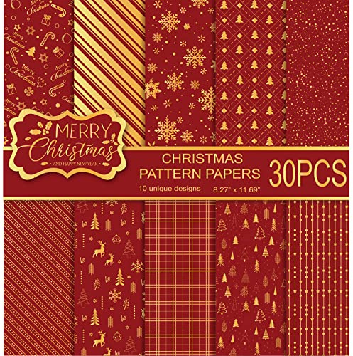 MIAHART 30 Sheets Christmas Pattern Paper Set A4 Size Red and Gold Festival Decorative Craft Paper Double-Sided for Card Making Scrapbook, 10 Designs