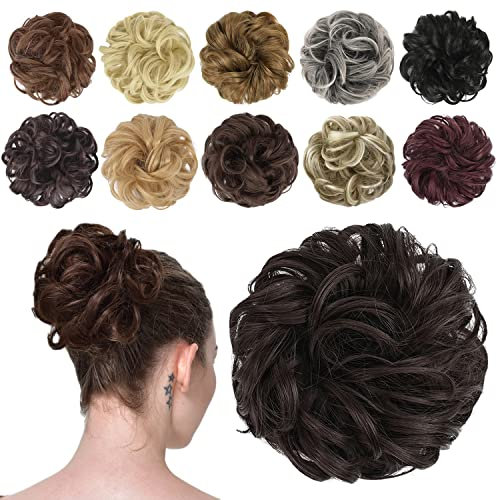 FESHFEN Haarteil Mit Gummiband, Dutt Haarteil Haargummi Mit Haaren Gelockt Haardutt Synthetisch Haar Haarverlängerung Pferdeschwanz Haarteile für Damen Mädchen, Dunkelbraun 42g