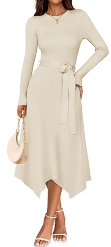 ZESICA Long Sleeve Sweater Dresses for Women 2026 Fall Winter Crewneck Ribbed Knit High Waist Midi Dress with Belt,Ivory,Small