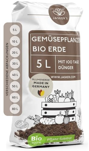 JASKER'S Bio Gemüseerde & Hochbeeterde für Gemüse 5 L - Bio Erde für Gemüsepflanzen mit 50% weniger Torf - Pflanzenerde mit organischem Dünger - Universalerde - Pflanzerde Gemüse, BLU-HGE-1000