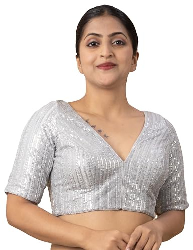 FIGURE'S Women's Sequin Embroidered V Neck Elbow Half Sleeve Readymade Saree Blouse Ethnic Stitched Plus Size Top Padded Lavender Pink Blue Silver Black Gold Red Green E1 (Silver, 46)
