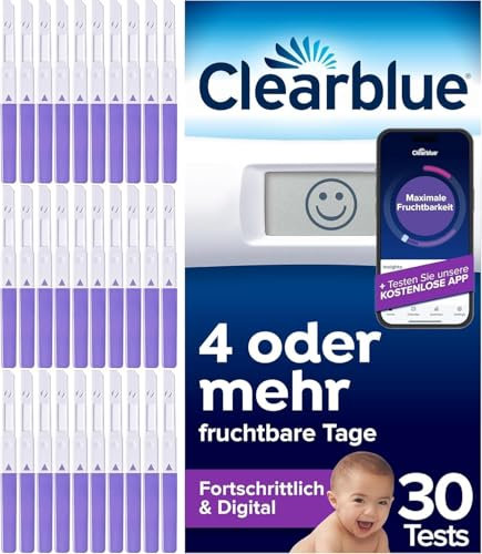 Clearblue Ovulationstest Fortschrittlich & Digital, Doppelte Chancen, schwanger zu werden,1 Testhalterung Digital und 30 Ovulationstests, Teste die KOSTENLOSE Clearblue Perioden- & Zyklus-Tracker-App