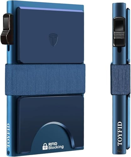 TOYFID Pop up Wallet for 12 Cards Paper Money RFID Wallet for Men Thin Metal Card Holder with Slid Ejector Button Quick Access to Bank Credit Card,Aluminium,Navy Blue