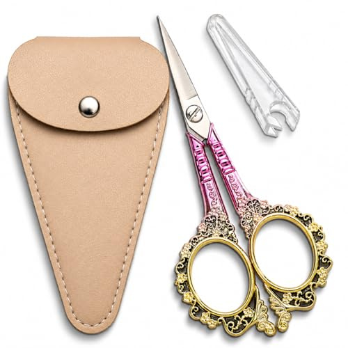 HITOPTY Sewing Embroidery Scissors, Sharp Tip Crochet Scissor with Cover for Craft Artwork Needlepoint Cross Stitch Thread Yarn Paper Cutting Handicraft DIY Tools, 4.5in Pink Shears