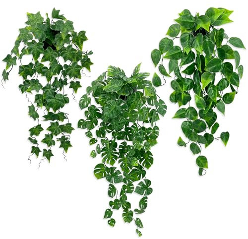 3 Stück Künstliche Pflanzen im Topf, Kunstpflanze Hängend Efeu Efeutute Mostera Wand Wohnzimmer Bad Regal Deko, Hängepflanze Künstlich Wie Echt, Plastik Pflanze mit Töpfe,Fake Plant Indoor Outdoor