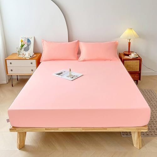Calefee 200x220 Spannbettlaken Boxspringbett, Betttuch ohne Kissenbezug Wasserdicht Polyester Einfarbiges Rosa