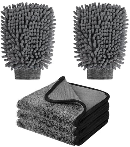 Set di 5 guanti e set di 3 asciugamani, antigraffio e senza pelucchi, di alta qualità, ideali per lucidare, asciugare e lavare