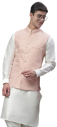 Maple Clothing Men's Traditional Indian Outerwear Vest Nehru Jacket Waistcoat Guest Outfit (Peach, XL)