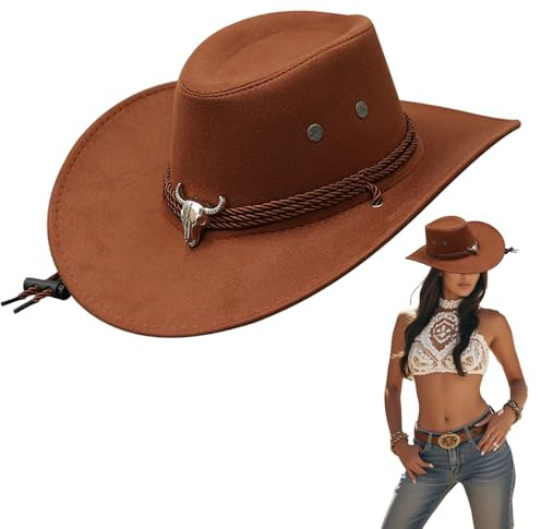 CutitiUU Cowboyhattar i västerländsk stil för män, bredbrättade fedorahattar för kvinnor, cowgirlkostym, western-hatt, solhattar ridhatt (FR/ES, Alpha/bokstäver, M, brun)