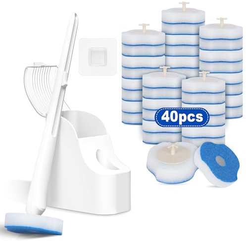 Enspoway Disposable Toilet Brushes & Holders: Toilet Cleaner Wand with Disposable Heads 40PCS & Storage Caddy - Wall Mounted Scrubber Sudsy Cleaning System for Bathroom Tiny Space