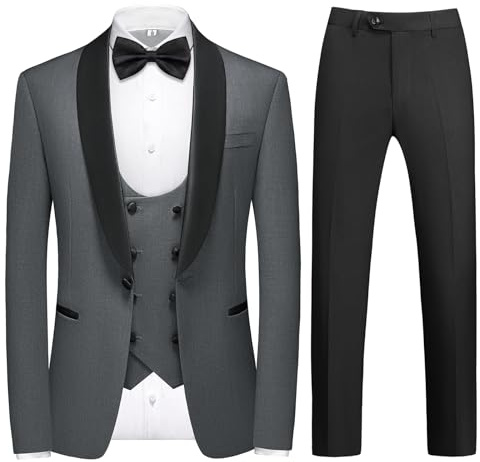 KUDMOL Costume Homme 3 Pièces Slim Fit Mariage Business pour Fête Bal Smoking à Un Bouton Blazer Veste Pantalon Gilet avec Un Nœud Papillon Gratuit(Gris foncé,M)