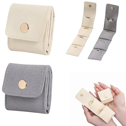 Pochette à Bijoux Mini - Pochette de Voyage Portable Pliable et Sécurisée Anti-perte, Idéale pour Boucles d'Oreilles, Bagues, Colliers, Parfaite pour Voyages, Anniversaire, Cadeaux (Beige + Gris)