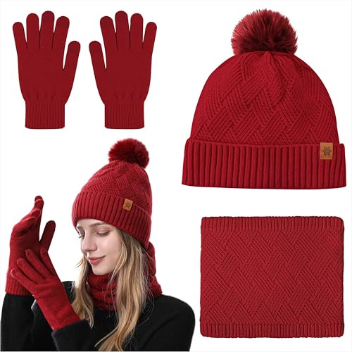 Ensemble de Bonnet Echarpe Gant pour Femmes 3 en 1 Bonnet et Écharpe de Hiver Gants Tactiles en Polaire Épaisse Bonnet Tricoté Thermique Cadeaux Noel