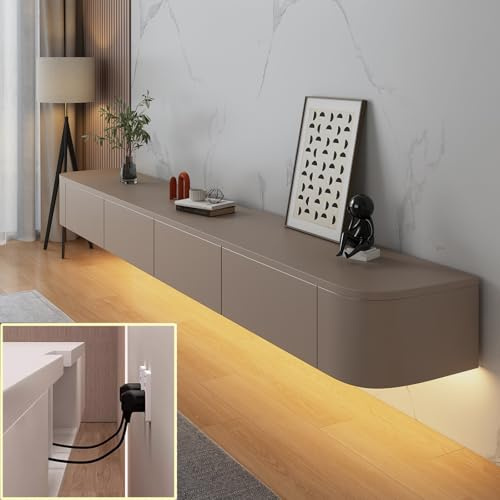 XDXINY TV-mediakonsol, svävande skåp, väggmontering, flera stora förvaringsmöjligheter, TV-bänk under lågbrädan med låda, routerhållare (khaki + LED, 220 x
