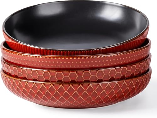 GBhome stengods set om 4 1 000 ml stora pastaskålar, salladsskålar med strukturmönster för kök, pasta, frukt, grytor, nudlar, invigningspresent, diskmaskinssäker och stapelbar