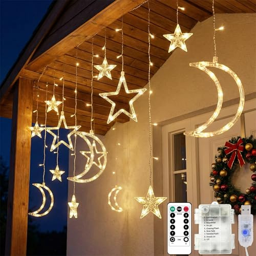 Cadena de luces de Ramadán, 3.5M 138 LEDs Cadena de luces de luna y estrellas, batería/USB con temporizador y control remoto, 8 modos, decoración de Ramadán, iluminación de ventanas para Ramadán