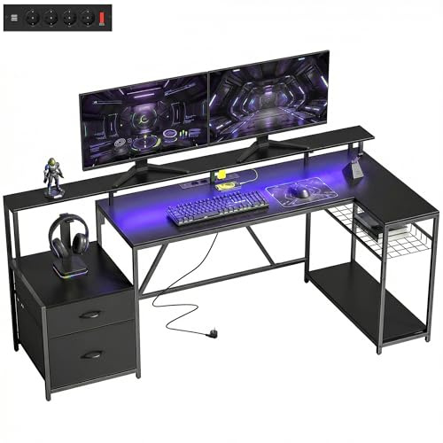 HOMCOM Scrivania Gaming Reversibile ad L con LED, 192.5cm Scrivania Angolare con Prese Elettriche, Supporto Monitor e CPU, 2 Cassetti in Tessuto per Documenti A4/Legale, per Casa Ufficio Studio, Nero