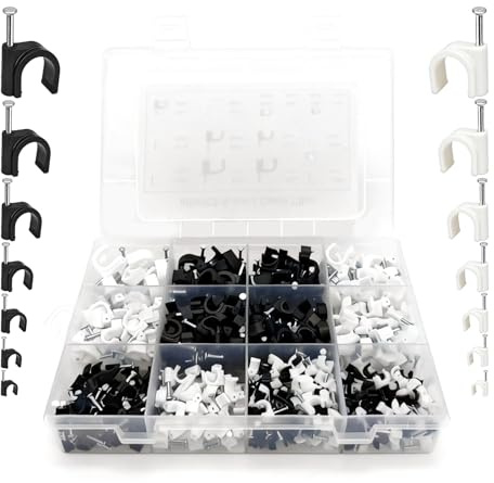 600 Nagelschellen Kabelschellen, 7 Größen Kabelschellen Schwarz 4/5/ 6/7 /8/10/ 12mm, Schwarz Kabelklemmen mit Nagel, Runde/Quadrat Kabel Clips für Netzwerkkabel