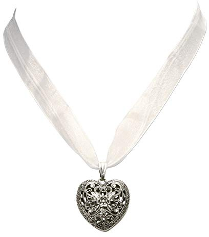 Heimatflüstern Collana di Nastro di Organza con giondolo Cuore Tradizionale, Catena da Donna per l`Oktoberfest, Gioielli per Dirndl (Bianco)