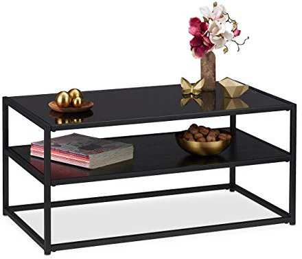 Relaxdays Mesa Centro Cristal con Balda Inferior, Metal y Vidrio, 42 x 90 x 50 cm, Negro