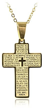 BDM Colgante de cruz con Padre Nuestros gradado de acero dorado inoxidable antialérgico