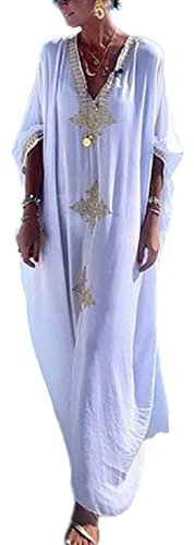 Bsubseach Gold Stickerei Lange Kaftan Kleider V-Ausschnitt Caftan Kleid Beach Cover Ups für Damen Weiß
