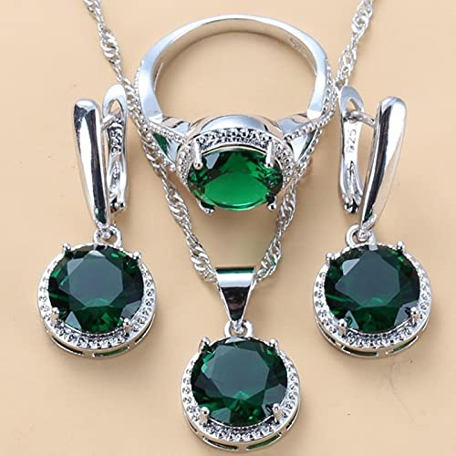 DarryDooly 925 Sets de joyería de Boda de Plata Zircon Dangle Pendientes y Collar Anillo de Collar 3 Piezas Conjunto de Mujeres Traje de Moda