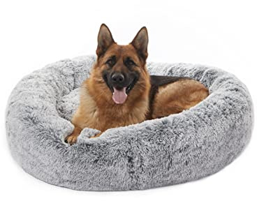 Bedfolks Calming Donut Dog Bed for Extra Large Dogs, 45 Inch Round Plush Bed with Non-Slip Bottom (Dark Grey, Extra Large)